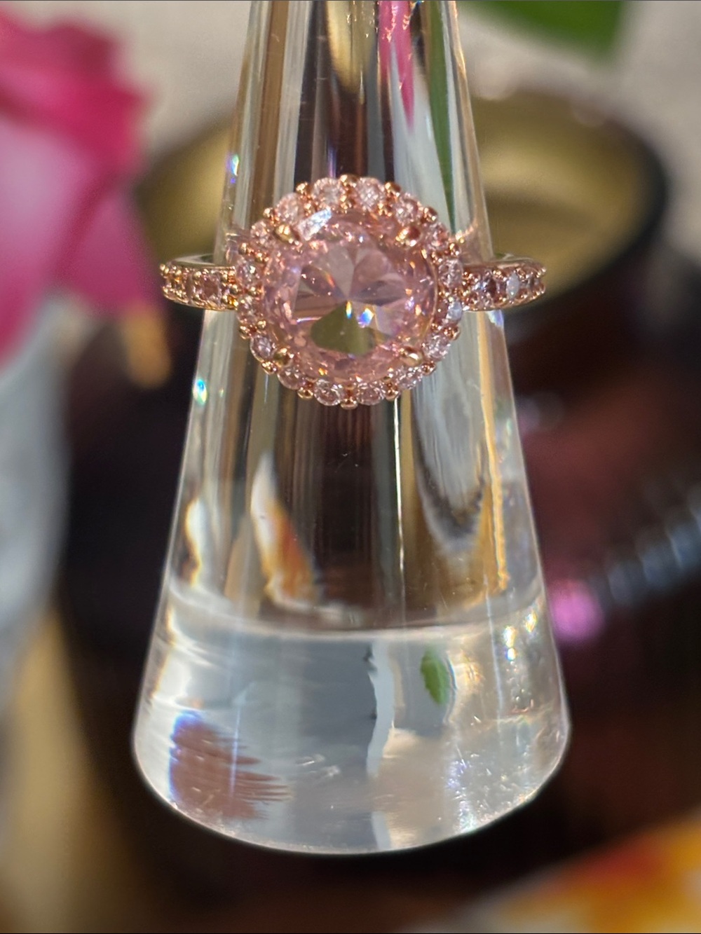 Rose Gold Pink Halo Cocktail Ring - Women Jewelry
